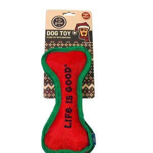 LIFE IS GOOD Holiday Canvas Bone Shaped Dog Toy with Squeaker Red Green
